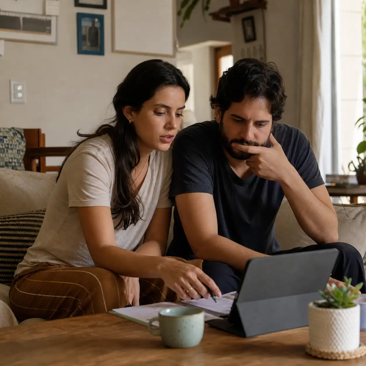 Casal organizando o orçamento do mês com celular e caderno em casa